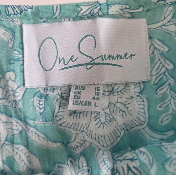 One Summer cotton block print floral balloon sleeve flowy boho mini dress sz L - Picture 3 of 10